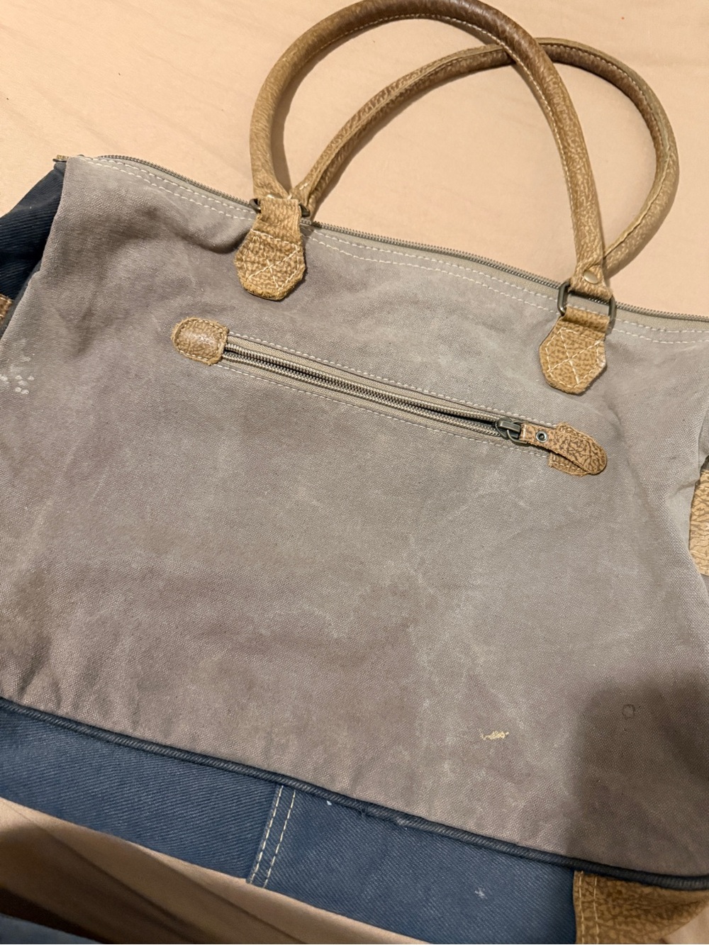 Myra Bag Blue Floral Canvas Tote with Tan Trim - Picture 4 of 4